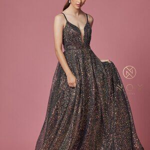 BLACK MULTI PARTY GLITTERY EVENING Illusion Neck A-Line Prom Dress NXR1030